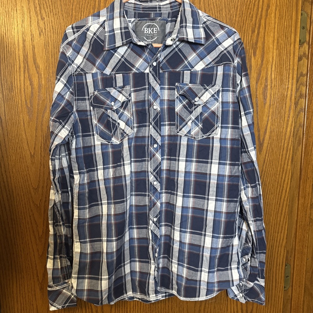 BKE Buckle Athletic Fit Plaid‎ Western Snap Button‑Down Shirt – Men's Large